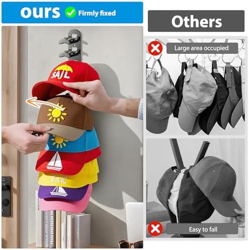 4 Pack Hat Organizer Hat Hook for Wall,Hold up to 40 Hats,Hat Holder with Strong Adhesive and Screws,Cap Holder Hat Hangers for Wall Closet Door and Bedroom(B-Black,4pcs) - Image 5
