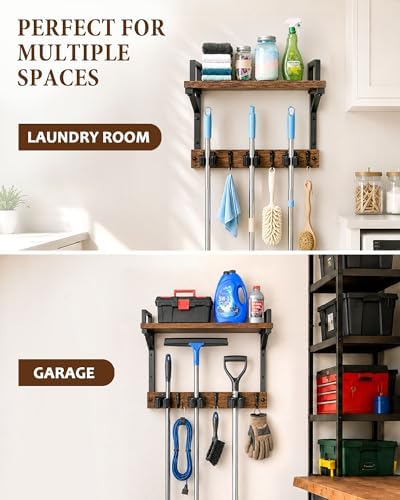 Lorbro Broom Holder Wall Mount with Cleaning Supplies Storage, Heavy Duty - Image 6