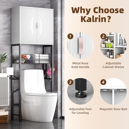 Kalrin Over The Toilet Storage Cabinet with Fluted Wave Doors and Adjustable Shelf, Wood Over Toilet Storage Rack with Drain Basket, Freestanding Bathroom Organizer for Balcony Laundry, White & Black - Image 4