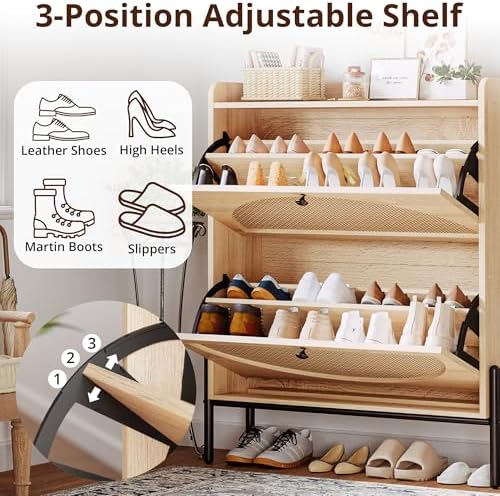IRONCK Rattan Shoe Cabinet Storage with 2 Flip Drawers, Oak - Image 5