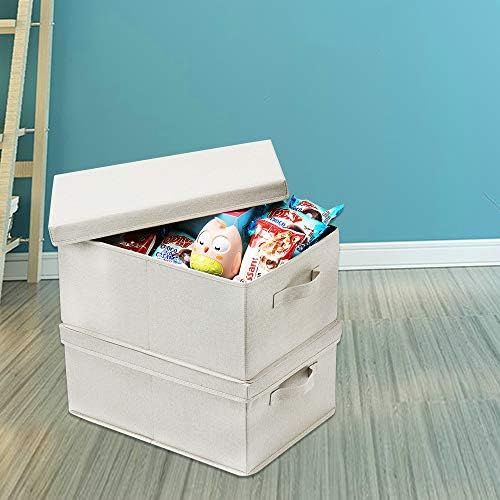 HOONEX Foldable Storage Bins with Lids, 2 Pack, Storage Boxes with Carrying Handles and Sturdy Heavy Cardboard, 16.5" L x 11.8" W x 7.5" H for Shoes, Books, Clothes, Beige - Image 3
