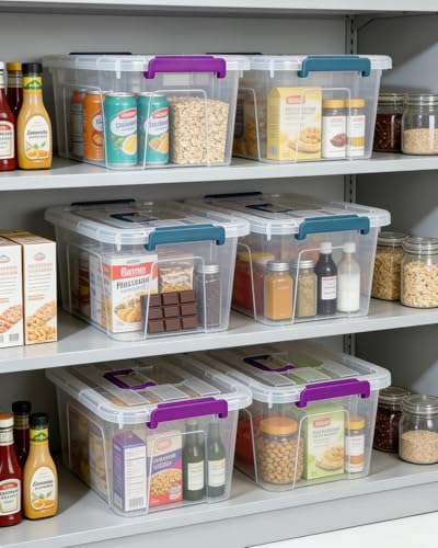 EOENVIVS 6 Pack Clear storage bins with lids, 7 Qt storage containers with lids with Color Buckles, Stackable storage box Set for organizers and storage, Closet, Pantry, Shelves & shoe boxes - Image 6