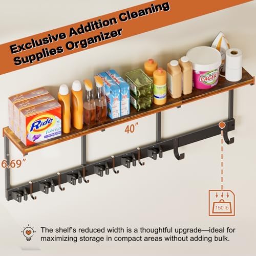 Broom Holder Wall Mount with Cleaning Supplies Organizer, Laundry Room Organization and Storage Shelves with Ironing Board Holder, Mop Hanger Broom Rack with Hooks, Home Improvement Garage Organizer - Image 4