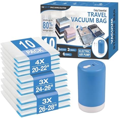 Travel Vacuum Storage Bags with Rechargeable Cordless USB Pump, 10 Combo by CozyEssential