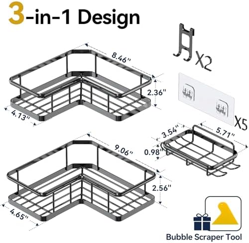 YASONIC Corner Shower Caddy Adhesive, 100% Rustproof Shower Organizer with Soap Holder, No Drill Shower Shelf for Inside Shower, Wall-Mounted Shower Storage for Homes (3 Pack, Black) - Image 2