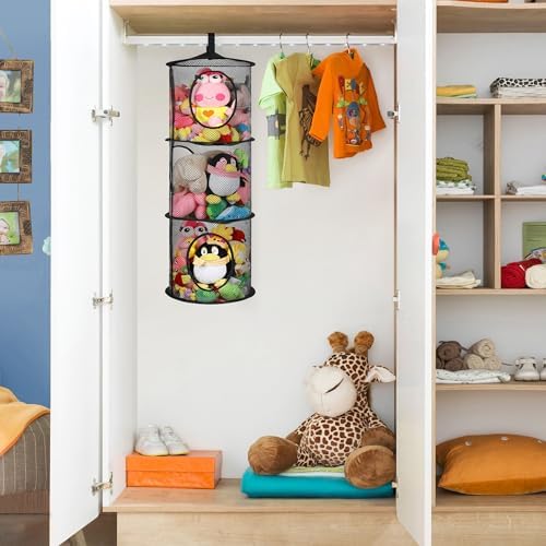 2Pcs Hanging Stuffed Animal Storage Hammock Net 3 Tiers, Black - Image 2