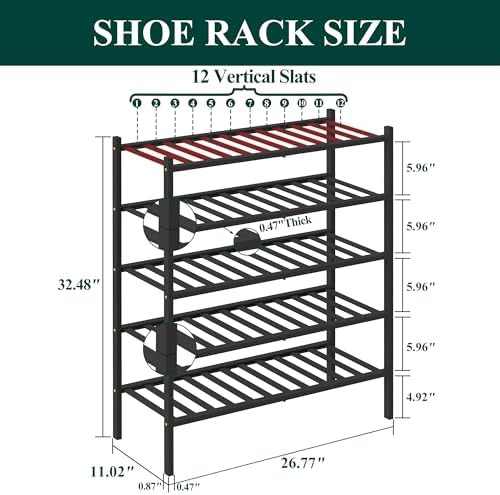 Smiry Bamboo Shoe Rack, 12 Vertical Slats, 5 Tier - 26.8" Wide, Black - Image 2