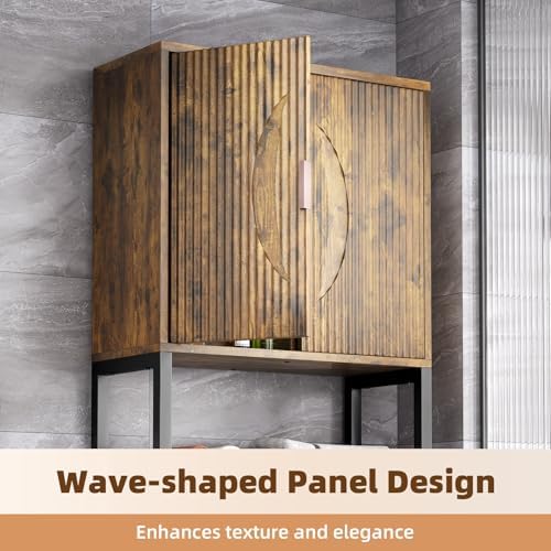 Kalrin Over The Toilet Storage Cabinet with Fluted Wave Doors and Adjustable Shelf, Wood Over Toilet Storage Rack with Drain Basket, Freestanding Bathroom Organizer for Balcony Laundry, Vintage Brown - Image 5
