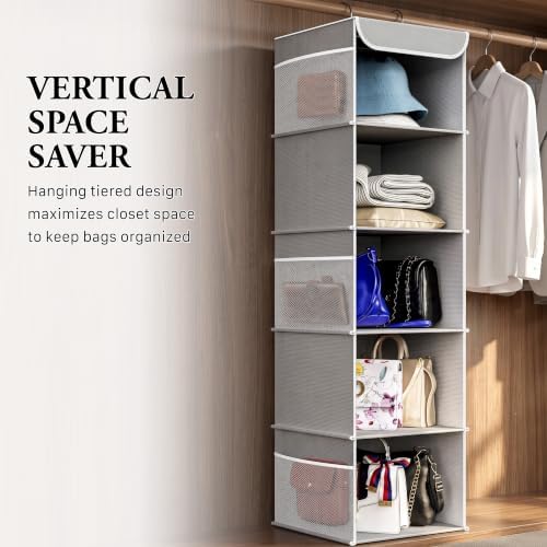 Simple Houseware 5 Shelf Hanging Closet Organizer, Gray | 360° Rotating Dual Hooks, Top Support Metal Frame, 6 Side Mesh Pockets - Image 7