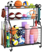 Sports Equipment Garage Organizer - Heavy Duty Garage Organization Ball Storage Rack with Basket, Hooks and Rolling Cart for Sports Gear and Toy Storage, Indoor/Outdoor Use, Black by WUC