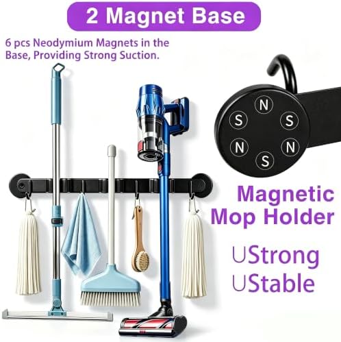 Magnetic Broom Holder Wall Mount - Heavy Duty Non-Slip Mop Hanger with 4 Hooks And 3 Rack, No Drill Tool Organizer for Refrigerator,Garage,Laundry Room (Black, 3Racks 4Hooks) - Image 3