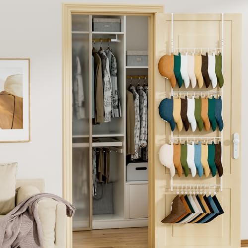 HapiRm Over Door Hat Organizer - 4 Tier Wall Mounted Hat Rack with 24 Hooks and 10 Movable Clips, Hanging Baseball Cap Organizer Storage Holds to 34 Caps for Door, Bedroom, Closet(White) - Image 5