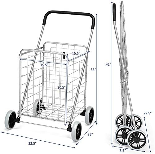 Goplus Shopping Carts for Groceries, Heavy Duty Folding Shopping Cart with Wheels, Portable Collapsible Grocery Cart, Light Weight Foldable Utility Cart for Laundry Silver - Image 7