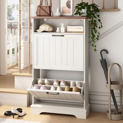 24" W Hidden Shoe Storage Cabinet with 2 Flip Drawers & Open Storage by WINWY