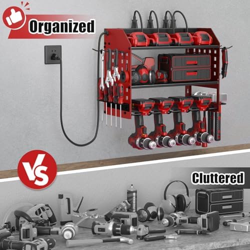 SUNALLY Power Tool Organizer Wall Mount with Charging Station,3 Layer, Red - Image 3
