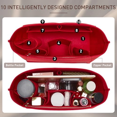 Doxo Purse Organizer Insert for Handbags & Base Shaper 2pc Set, Felt Neverfull GM Organizer Insert, Tote Bag Organizer with Zipper Pocket and Bottle Holder, Fit Neverfull GM and More, Red-XL - Image 4