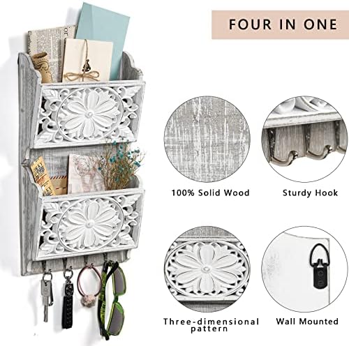 2-Slot Mail Organizer Wall Mount with 4 Hooks - Image 2