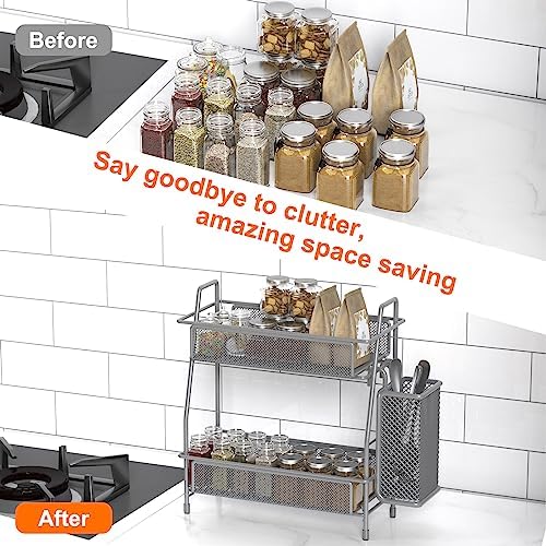 LEMIKKLE Spice Rack Organizer for Kitchen Counter, Spices Organizer and Storage Seasoning Organizer for Cabinet, Kitchen Metal Countertop Organizer with Side Basket (Grey) - Image 3