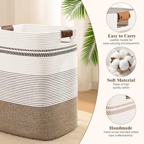 Laundry Hamper, 95L Tall Laundry Basket with Leather Handles, Rectangle Large Clothes Hamper for Organizing, Cotton Woven Laundry Baskets Storage Hampers for Bedroom, Nursery, Living Room - Image 6
