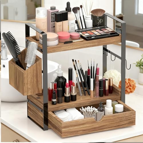 2-Tired Bathroom Counter Organizers and Storage, Bathroom Countertop Organizer with Drawer, Solid Wood Skincare Perfume Organizer for Vanity Kitchen Corner Shelf Office Countertop (Drak Brown) - Image 2