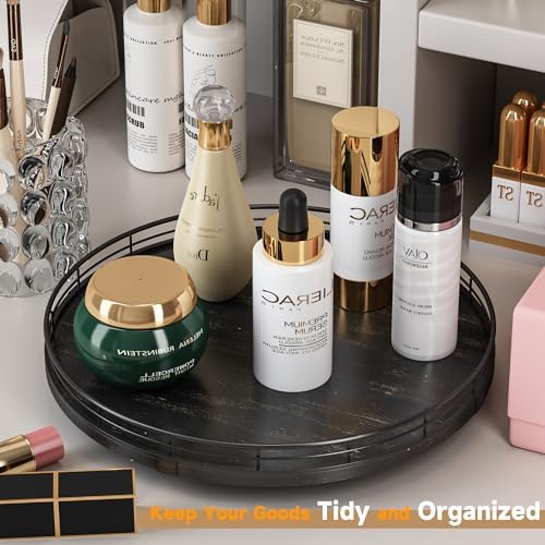AMH 13-Inch Oak Lazy Susan Vanity Tray with Black Brushed Gold Finish Rail - Image 2