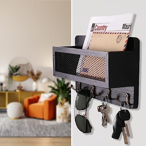 ADIIL Mail and Key Holder for Wall Decorative, Wooden Wall Mount Key Rack Hanger Organizer with 4 Double Key Hooks, Rustic Home Decor for Entryway Hallway, Black - Image 2
