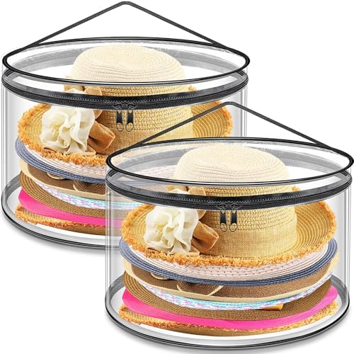 Aliceset 2 Pcs Oversized Clear Hat Boxes Storage Hard Plastic Zipper Case for Women, Holds up to 7 Caps Cowboy Hat Organizer for Closet, Wide Brims Case with Carrying Handles (Black) by Aliceset