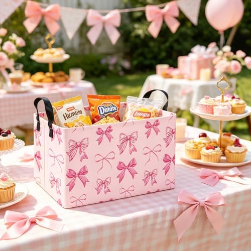 Rectangular Collapsible Laundry Basket with Side Handles, Pink Bow - Image 4
