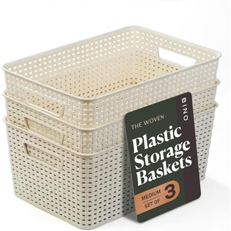 BINO | Plastic Storage Baskets, 13.5 Liter - 3 Pack, Natural | THE WOVEN COLLECTION | Storage Basket for Shelves | Woven Storage Baskets for Organizing Bins | Pantry Shelf Organizer | Container Bin by BINO