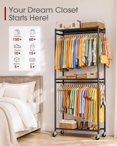 Sakugi Clothes Rack - 33.0" x 12.2" x 79.5" Clothing Rack with Shelves & Wheels, Multi-Functional Wardrobe Closet with Hooks, Sturdy Metal Garment Rack for Bedroom, Laundry, Balcony (Black) - Image 3