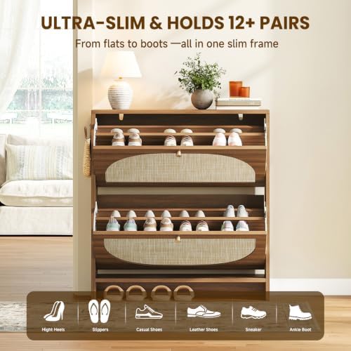 Nicetree Rattan Arched Accent Shoe Storage Cabinet - Freestanding Ultra Slim for Entryway, 2 Flip Drawers & 3-Tier Adjustable Shelves, Farmhouse Modern Rustic Shoe Rack for Hallway, Foyer, Living Room - Image 5
