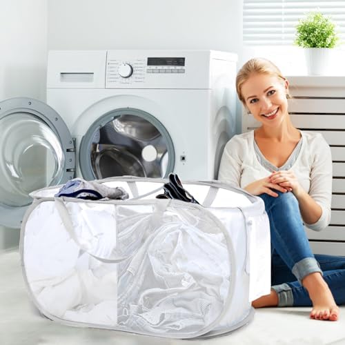 Durable Collapsible Foldable Mesh Pop Up Laundry Basket, 2 Compartments Easy to Carry & Sort Clothes Hampers for Home, Dorm, Travel White - Image 2