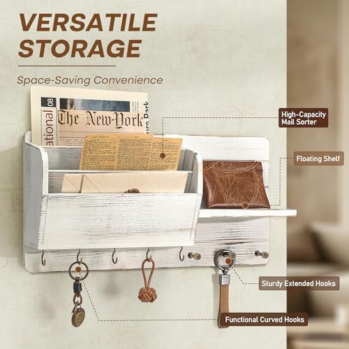 Rebee Vision Key Holder Wall Mount with Mail Slot for Home Decor, Whitewash - Image 6
