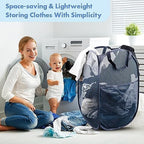 Pop Up Laundry Hamper, 70 L Collapsible Mesh Basket with Side Pocket, Blue - Image 7