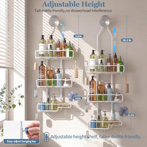Skyapex Shower Caddy Hanging Bathroom Organizer: Over Head Adjustable Rack for Tall Showerhead - Extra Large Storage Shelf for Big Shampoo Bottles with Soap Holder (White) - Image 3