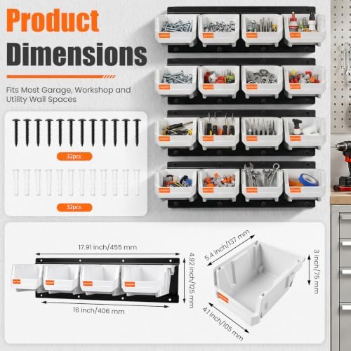 16pc Wall-Mounted Storage Organizer Set with Metal Rails White - Image 2