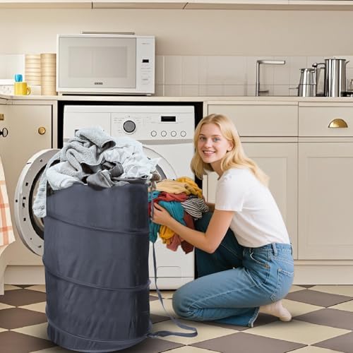 BATTOO Extra Large 107L Strong Laundry Hamper 17.5" x 27" Collapsible Laundry Baskets with Long Straps Drawstring Barrel Foldable Hamper for Laundry Room, Bathroom, Campout, College Dorm or Travel - Image 2