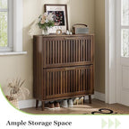 Shoe Cabinet, Shoe Storage Cabinet with Louvered 2 Flip Drawers, Narrow Shoe Cabinet Storage for Entryway, Freestanding Shoe Organizer Cabinet with Golden Handles, Slim Shoe Rack Cabinet (Walnut) - Image 3