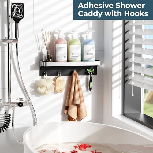Shower Caddy Adhesive with 5 Hooks & Drainage, No-Drill, Silver - Image 2
