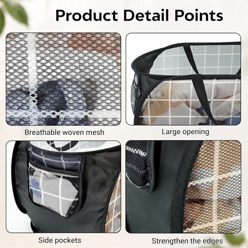 Collapsible Laundry Baskets with Side Pocket, Mesh Pop Up Clothes Hamper for Laundry, Foldable Laundry Basket Storage Hamper with Reinforced Handles for Clothes, Toys, Home, Dorm -Grid Print, Black - Image 4
