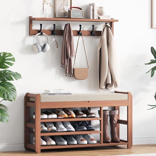 39.4" Shoe Rack Bench with Coat Rack, 3-Tier Entryway Storage Bench by ACSWOD