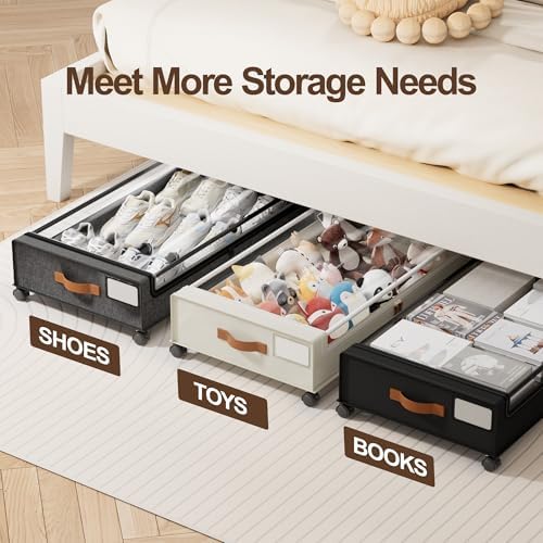 LAMU Under Bed Storage Containers with Wheels, 2 Pack, Hemp Grey | Smooth-rolling Wheels, Clear Lid & Label, Sturdy Metal Frame, Easy Install, Rolling Storage Drawers for Clothes, Shoes, Toys - Image 6