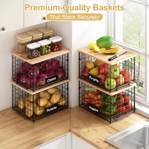 2-Pack Stackable Wire Baskets with 2 Pads & Bamboo Top, Pantry Organizer - Image 2