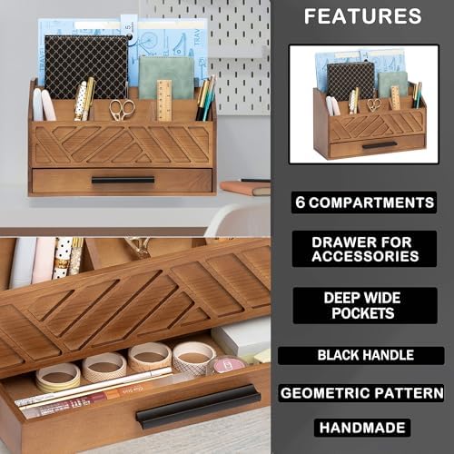 dreampossible Brown Wood Desk Organizer and Accessories with Drawer, Bill Mail Organizer and File Mail Holder for Office Supplies, Modern Desk Accessories & Workspace Organizers for Desk Organization - Image 6