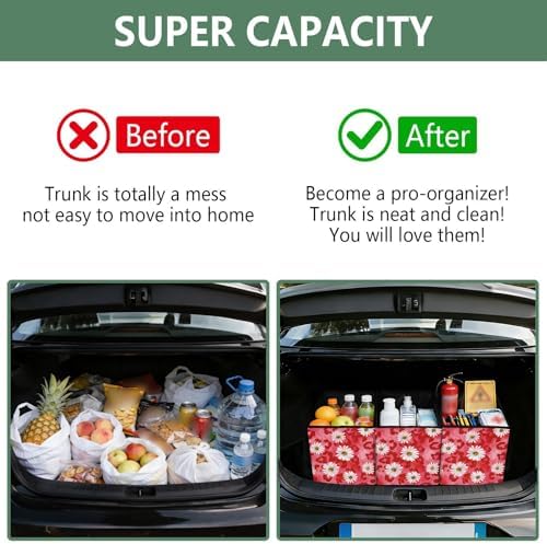 Trunk Organizer Collapsible Car Organizer with Handle Car Storage Box Bin for Groceries SUV Utility Tote Bag Portable Vehicle Container Leopard Print Daisy Red - Image 4