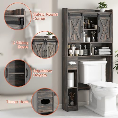 Vabches Over The Toilet Storage Cabinet with Sliding Doors, Dark Grey - Image 3