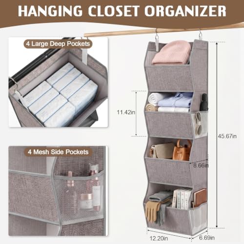 Libeder 4 Shelf Hanging Closet Organizer and Storage, Heather Grey | Anti-Sagging Closet Hanging Shelf with Mesh Side Pockets, Space-saving Fabric Hanging Storage Bins for Cloths with Hooks - Image 3