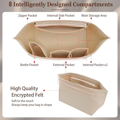 Doxo Purse Organizer Insert for Longchamp Le Pliage Tote, Large Bag Organizer with YKK Zipper Pocket & Cup Holder, Handbag Shaper for Women, Fits Original/Green/Energy L Tote, Beige-WL - Image 4