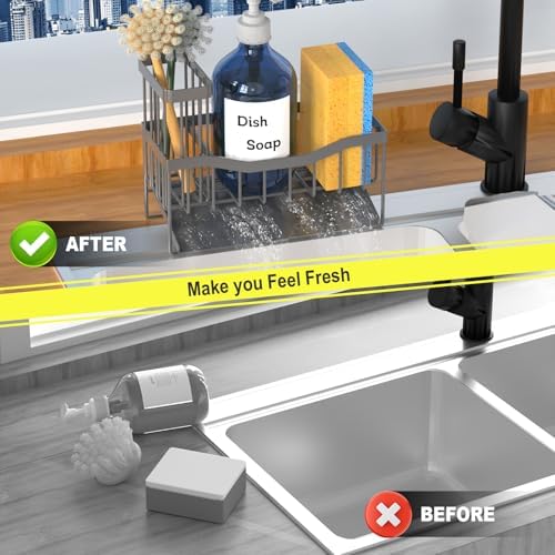 Fssvcd Maifan Sink Caddy Sponge Holder for Kitchen with Brush Holder and Stainless Steel Self Drain Tray, Rustproof Kitchen Sink Organizer for Sponge, Soap Dispenser Storage Accessories Dark Gray - Image 6