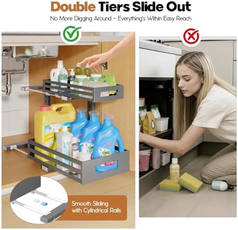 2-Pack Under Sink Organizers and Storage,2-Tier L Shape Pull Out Cabinet Organizer With Round Tube Slide Rails,Hight Adjustable Slide Out Drawers for Kitchen&Bathroom,Multi-Purpose Storage Shelf-Gray - Image 3